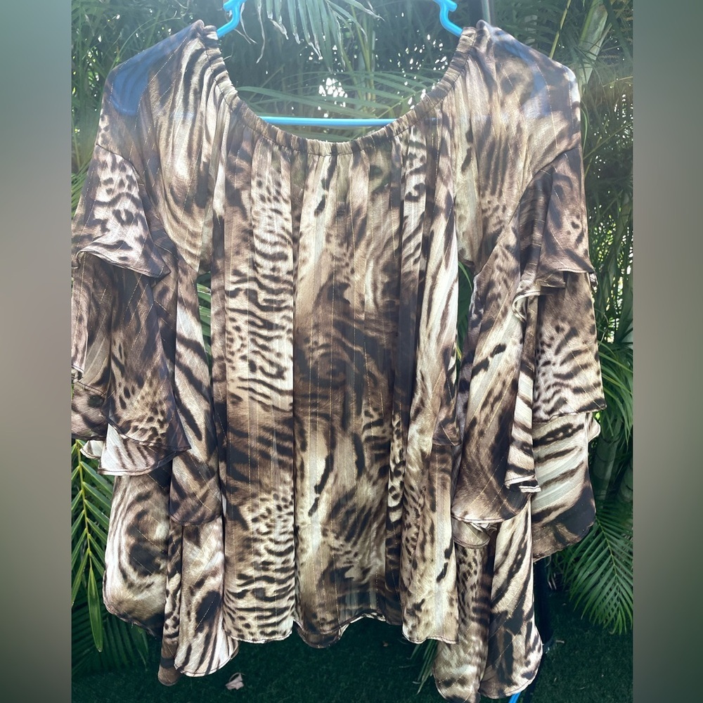 Ariella Animal Print Ruffled Blouse with Cascading Ruffle Sleeves - Picture 5 of 7